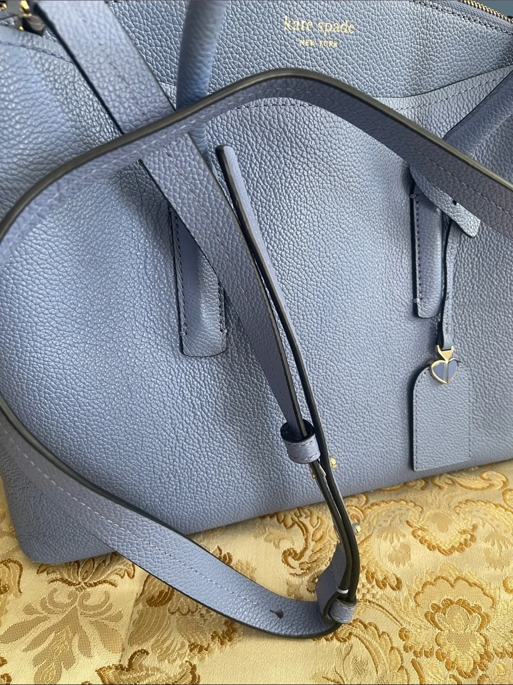 kate spade pebble leather tote in pale blue with gold hardware
